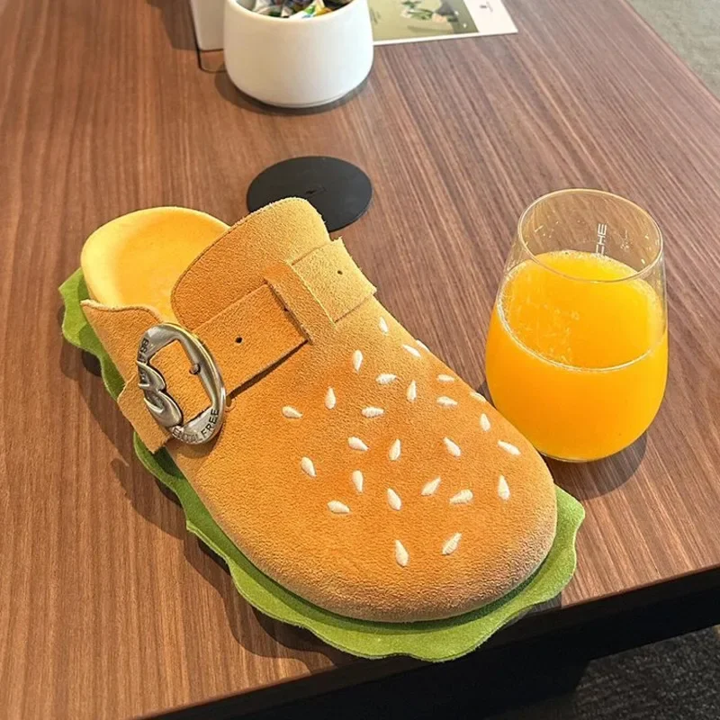 Yellow Hamburger Fashion Slippers Adult Metal Belt Buckle Soft Flat Outwear Thick-Soled Casual Beach Sandals  Shoe For Women