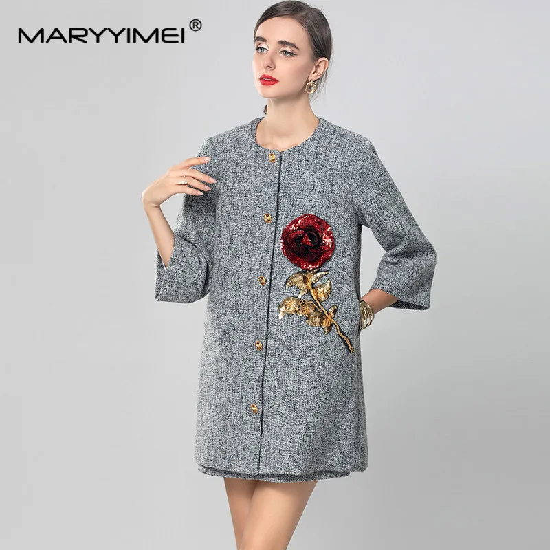 MARYYIMEI Fashion design Women's Suit round neck Sleeveless Single-Breasted Vest+Long-Sleeved Coat Beading Sequins 2 piece set