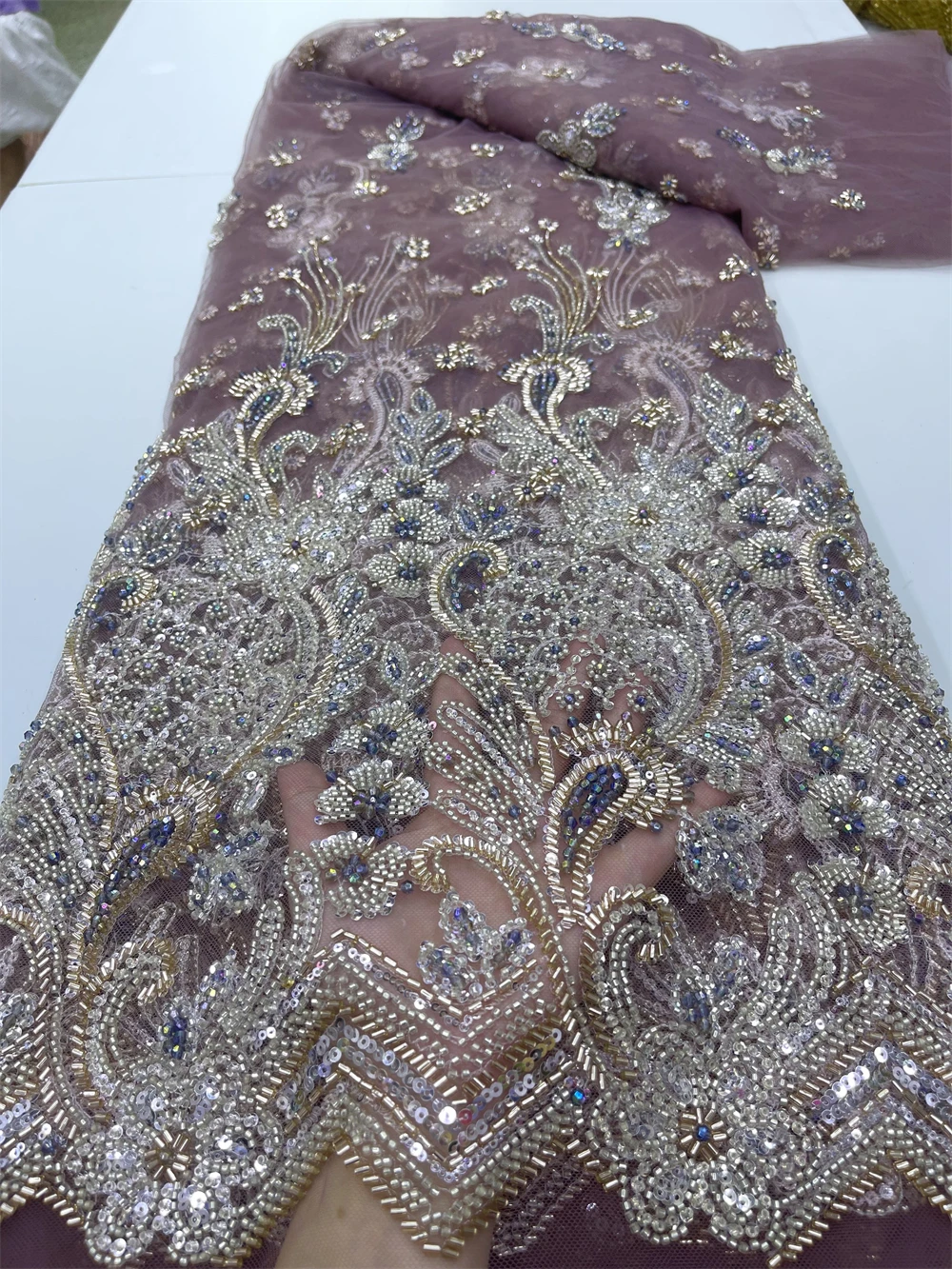African Nigerian Tulle Lace Fabric,High Quality,Sequins EmbroideryBeaded, French GuipureWedding Party Dress, 5Yards, 2024