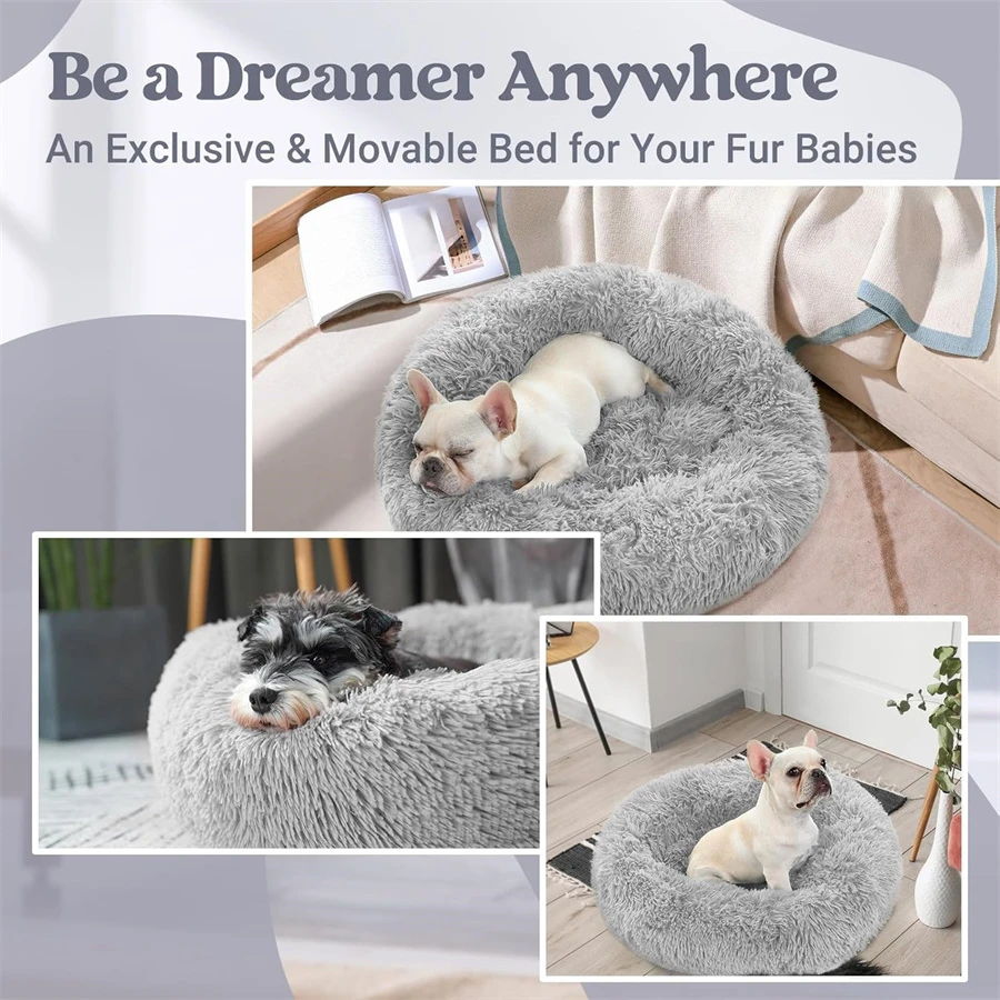 Weiches, langes Plüsch-Katzenhaus, Hundebett, beruhigendes, warmes Kunstfell-Bett, Donut-förmiges, komfortables Schlafbett, waschbar für kleine und mittelgroße Hunde und Katzen – Detail 15