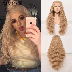 AIMEYA Long Wavy Synthetic Lace Wigs Ash Blonde Lace Frontal Wig Heat Resistant Fiber Body Wave Lace Wigs For Women Cosplay Wig