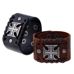 Retro Templar Cross Leather Bracelet Personality Men's Punk Motorcycle Accessories Gift Mens Charm Jewelry Cowhide Bracelets