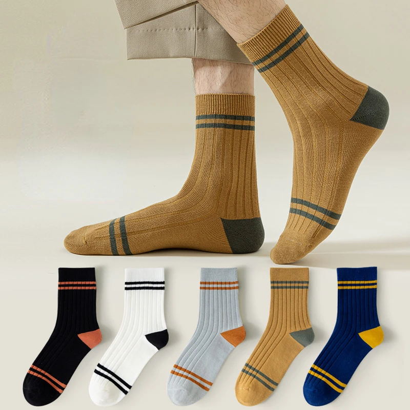 5 Pair Men\'s New Striped Casual Breathable Socks High Quality Harajuku Retro Socks Men\'s Cotton Socks