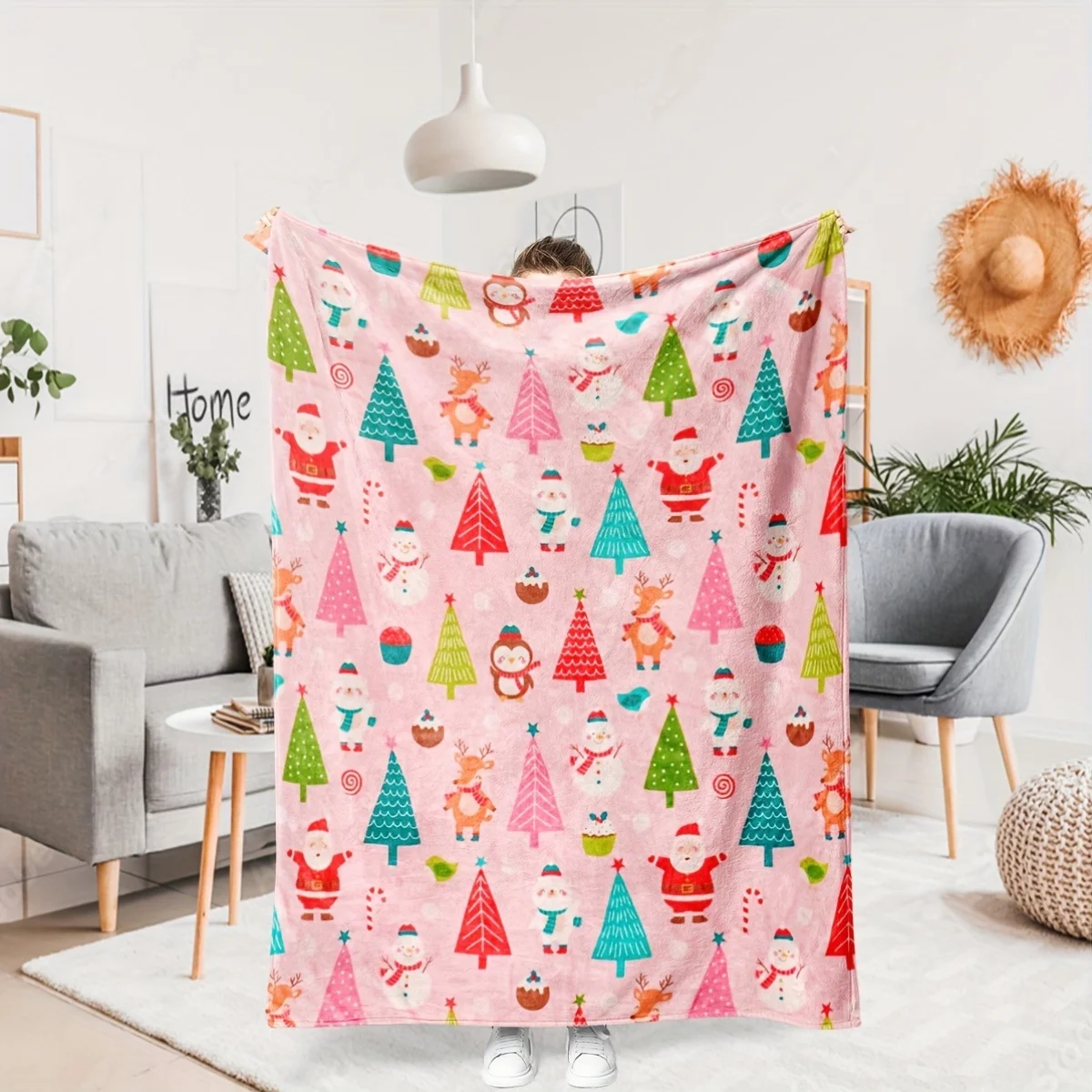 2D Flat Printing, 1pc Playful Christmas Style Blanket, Printed with Santa Claus, Snowman, Reindeer, And Christmas Tree Pattern N