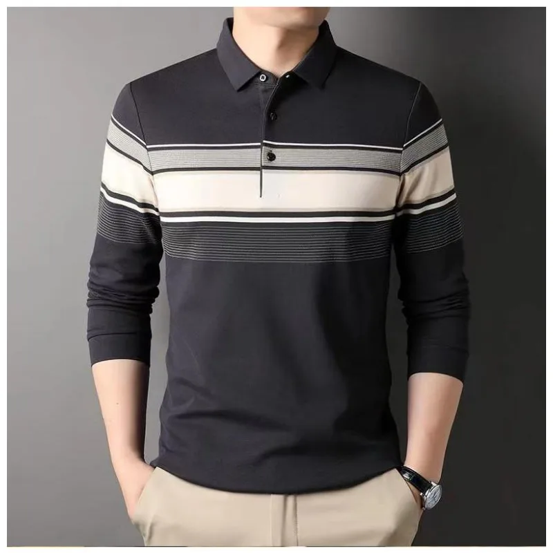 

Men's Long-sleeved T-shirt Spring and Autumn New Pure Cotton Lapel Striped Casual Business T-shirt Versatile Top