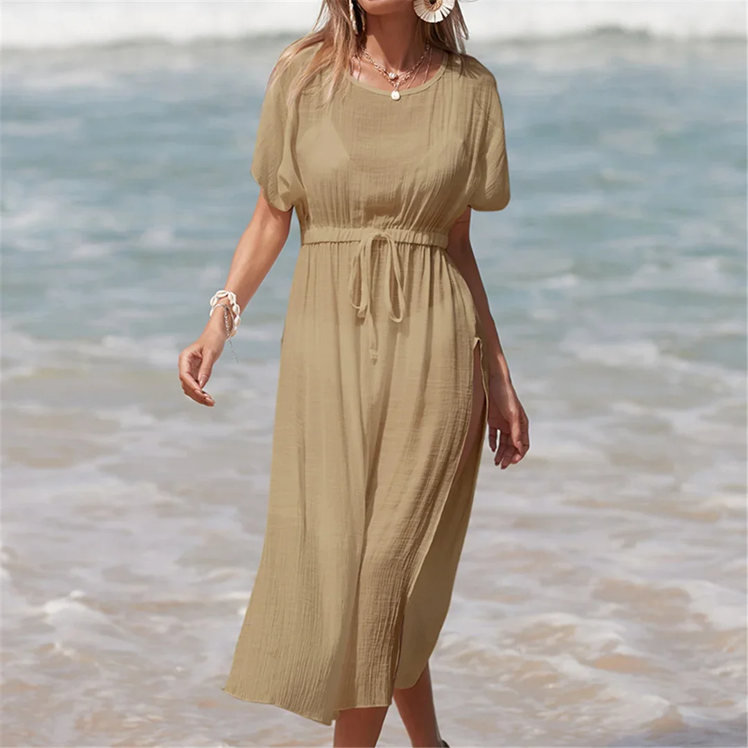 Sexy Short Sleeve High Split Crochet Knitted Tunic Beach Cover Up Cover-ups Beach Dress Beach Wear Beachwear Female Women V5617