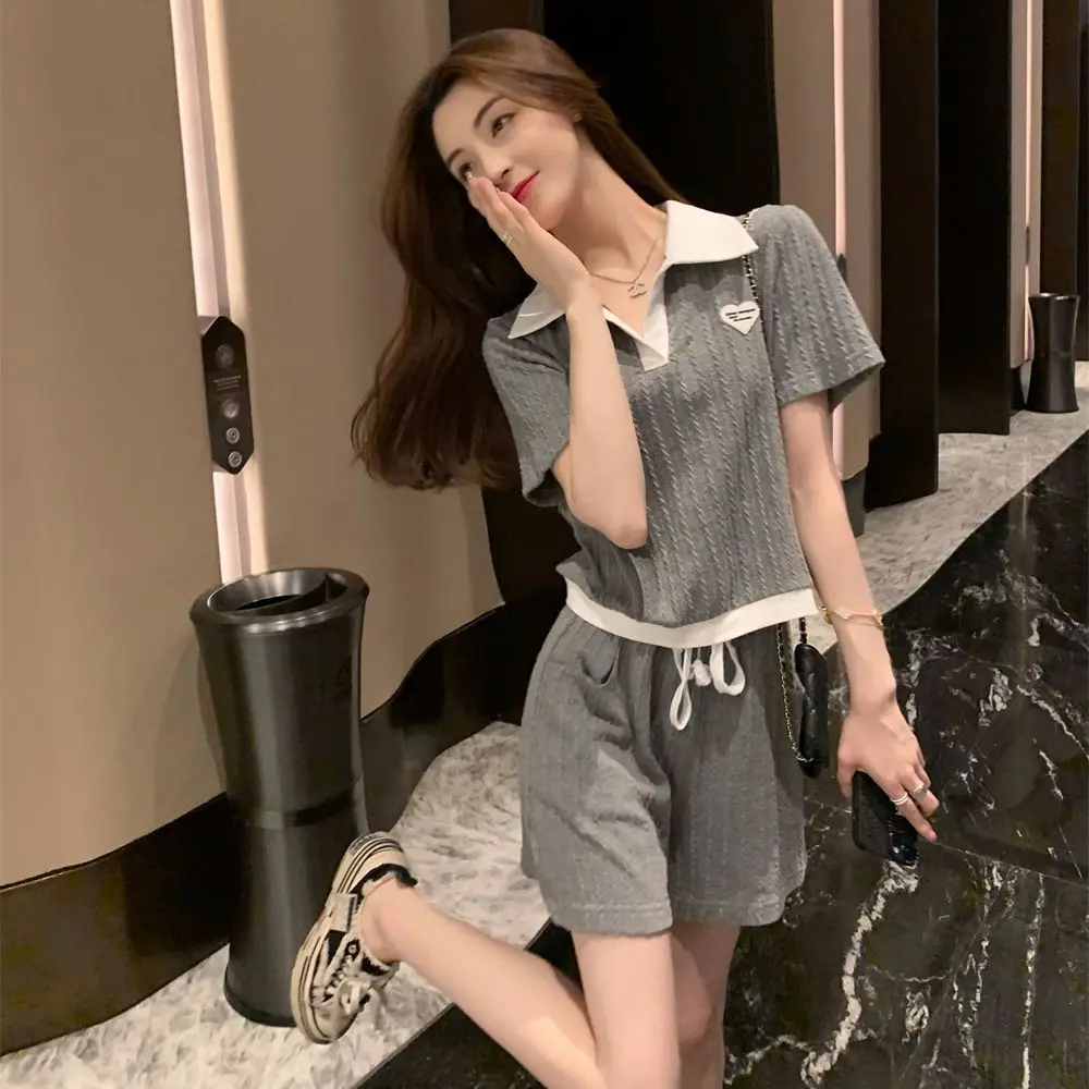 Grey POLO Collar Short Sleeved Shorts Set Women Summer Loose Fit Age Reducing Plosive Street Casual Sportswear Two-piece Set