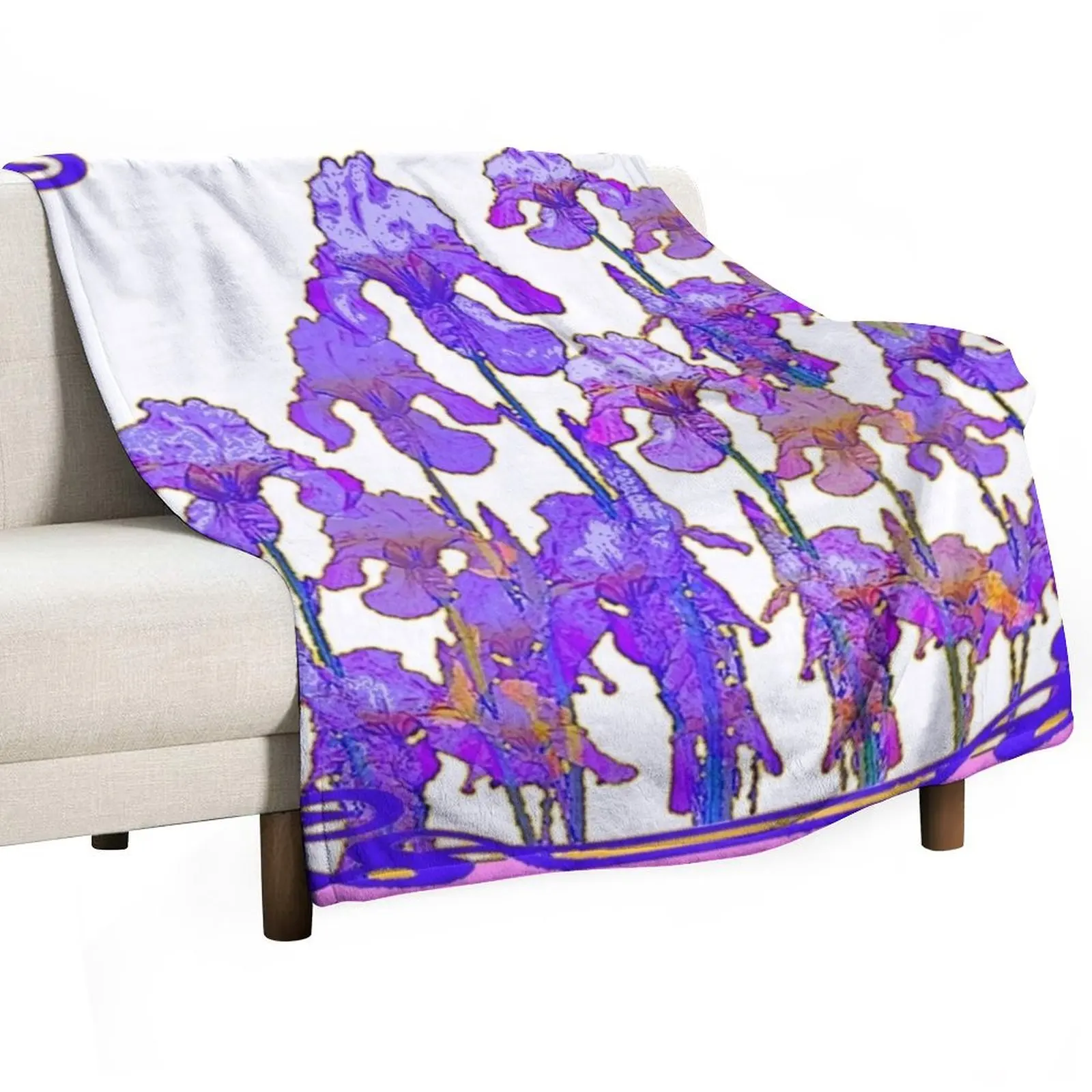 

PURPLE-PINK SPRING IRIS WHITE COLOR NOUVEAU ART Throw Blanket Luxury Cute Multi-Purpose Blankets