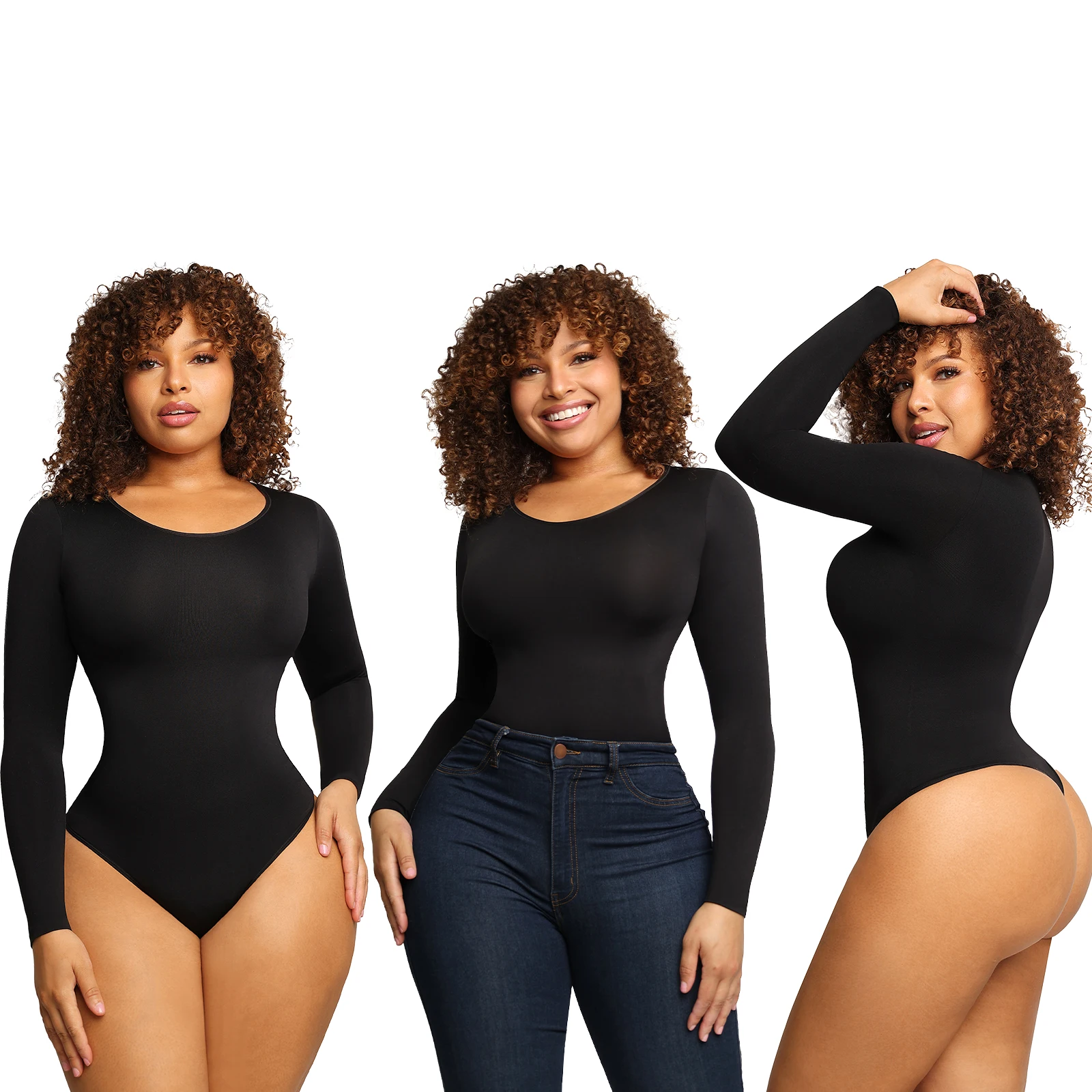 Hexin Thong Long Sleeve Women Full Body Shaper Bodysuit Tummy Control Shapewear