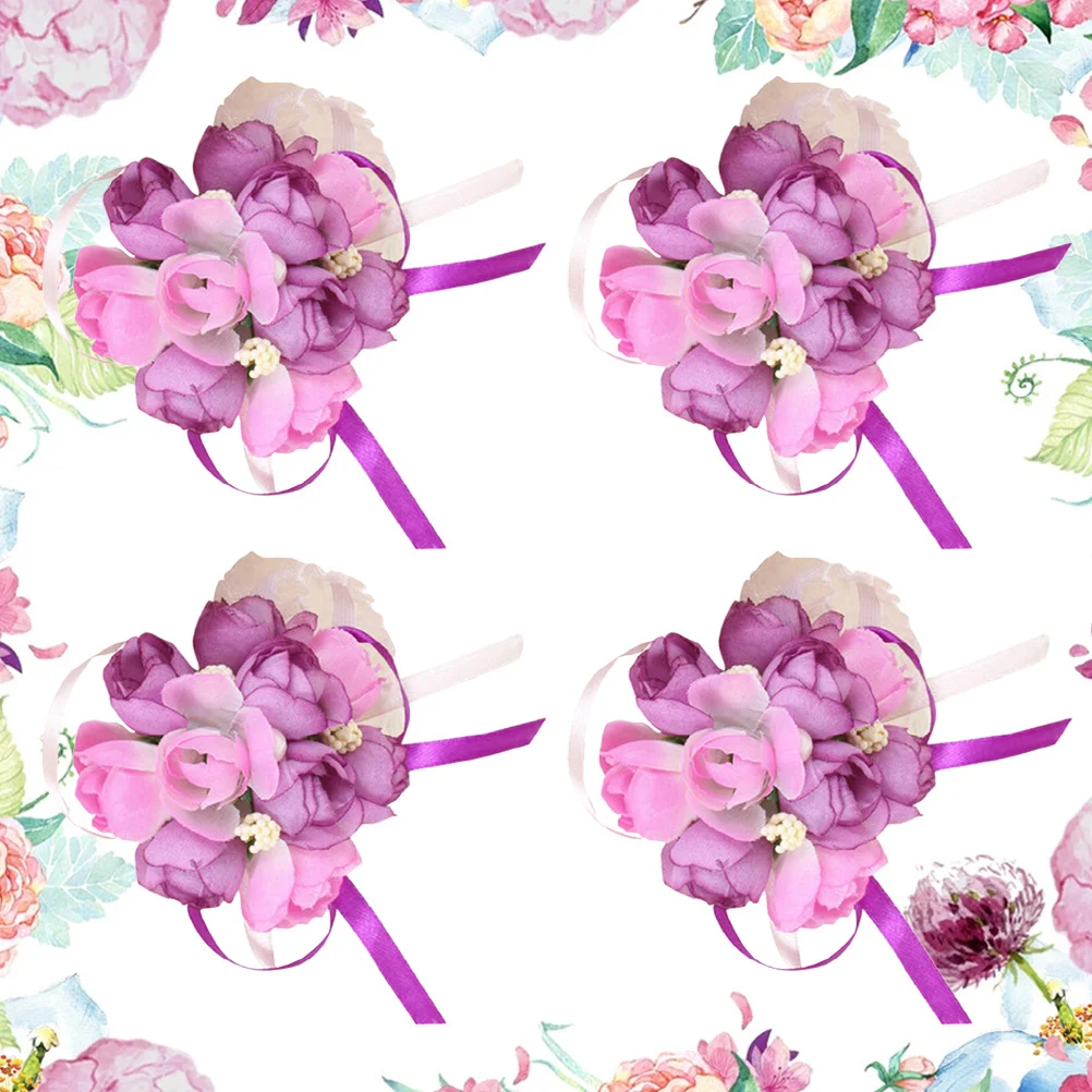 

4Pcs Fashionable Bridal Wrist Flower Artificial Flower Decor Delicate Brooch Ornament for Church Dance Celebrations Purple