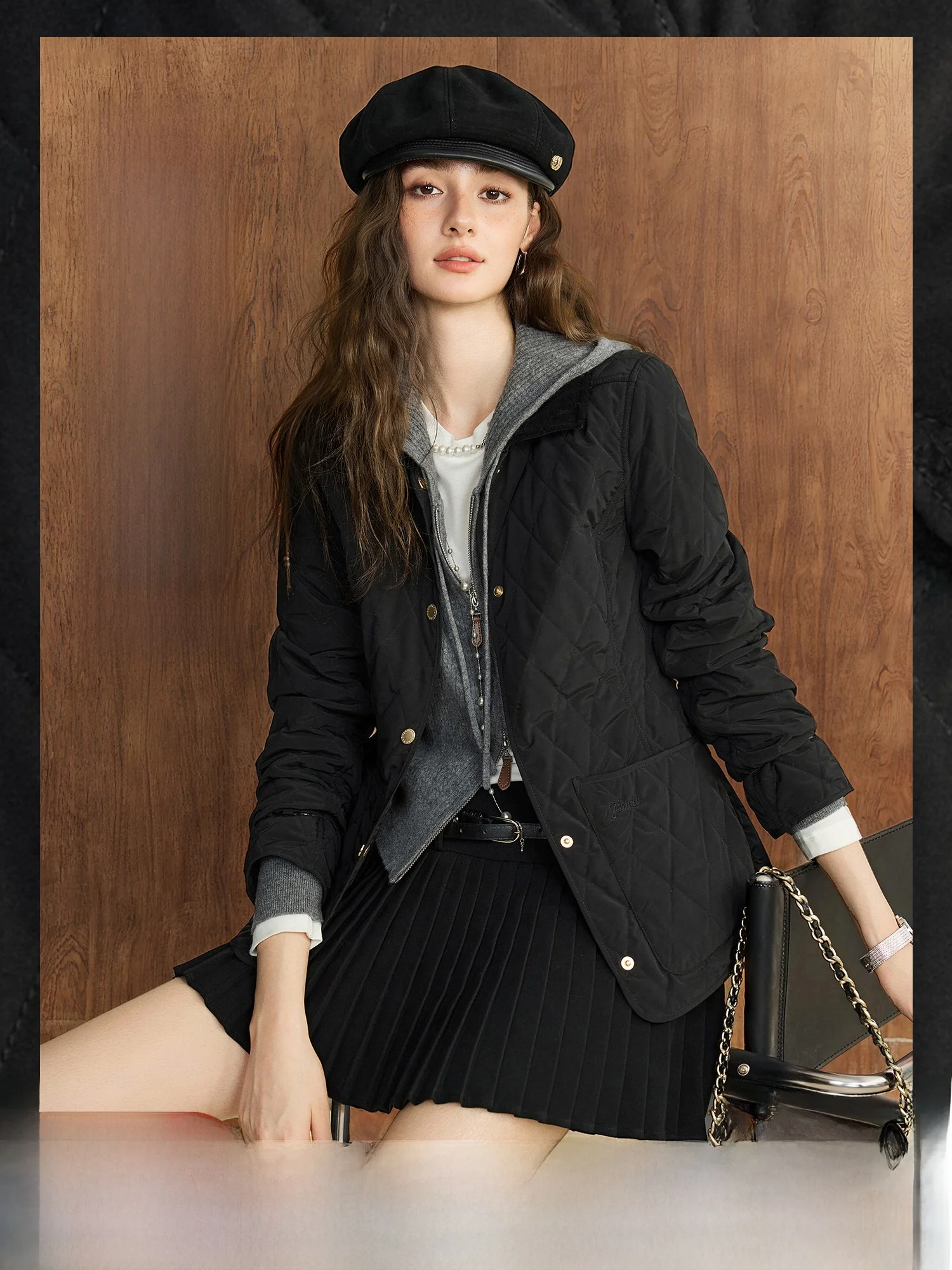 

Ruffle Diamond Pattern Casual Cotton Jaet Women's Collar Stand up Autumn Leisure Polyester Fiber Filled Long Sve Coat