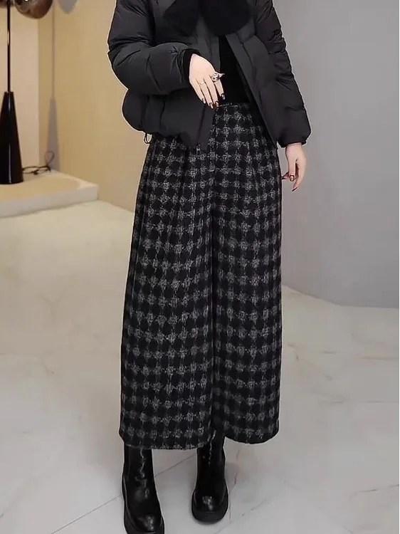 ارتفاع الخصر Thiened Fce الخريف الشتاء منقوشة مستقيم الساق بنطال ذو قصة أرجل واسعة تأثير التخسيس السراويل العصرية تسع نقاط #2