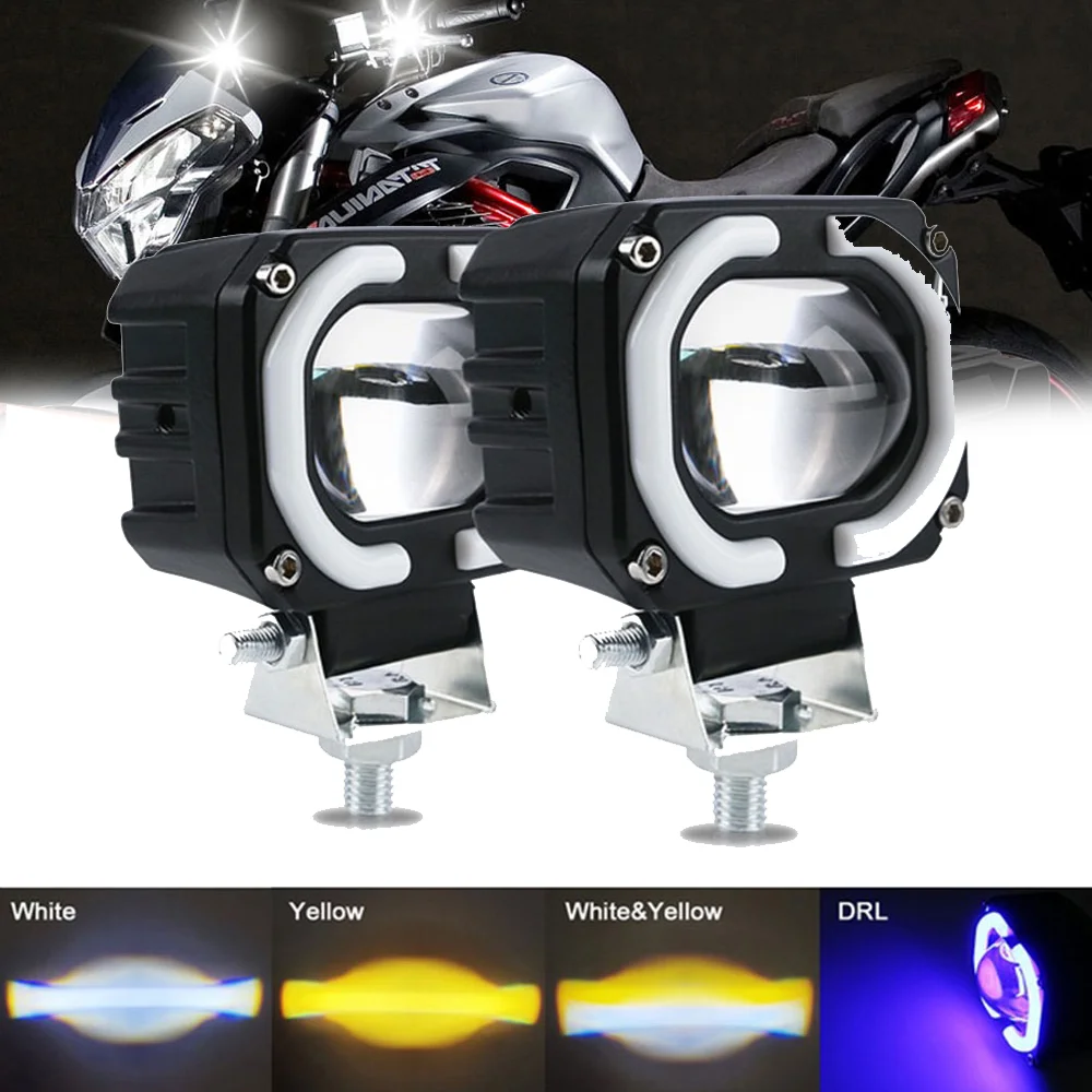 Additional Fog Lights Motorcycle LED Headlight Fog Lamp Spotlight Blue Angel Eyes DRL 12V 24V Super Bright for ATV Truck SUV UTV