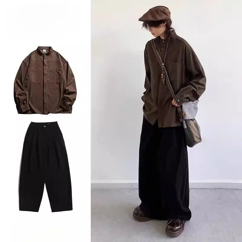

Loose Long Sve Stand Collar Men's irt Set Neutral Vintage Color Spring Autumn Japanese Sle Clothing for Boys