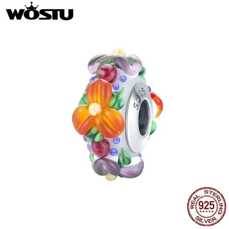 

WOSTU 100% 925 Sterling Silver Colorful Flowers Charm Glass Beads Fit Original Bracelet Necklace Pendant DIY Jewelry CQC1720