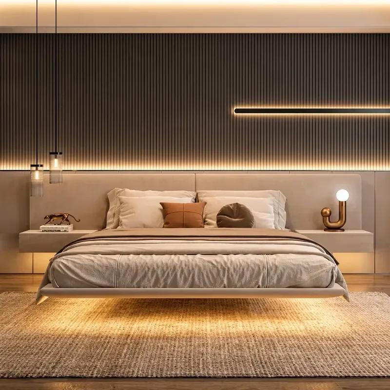 Modern Velvet Floating Bed LED Light Strip Low Profile Headboard Platform Bed Hotel Apartment Bedroom Furniture