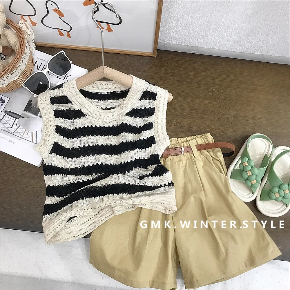 Striped Hollow Knitted Sleeveless Vest and Shorts Set for Girls' Summer Outfits - Two-Piece Toddler Baby Girl's Clothing Set