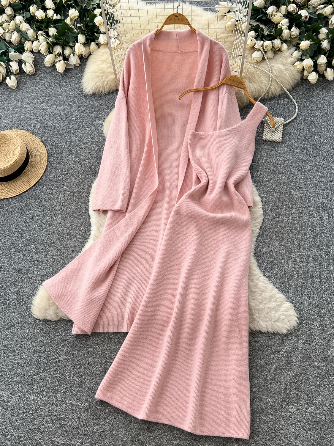 Ladies Mid-Length Knitted Open Cardigan Dress Two-Piece Set Slimming Belted Outerwear Soft Set Comfortable Fashion Ensemble