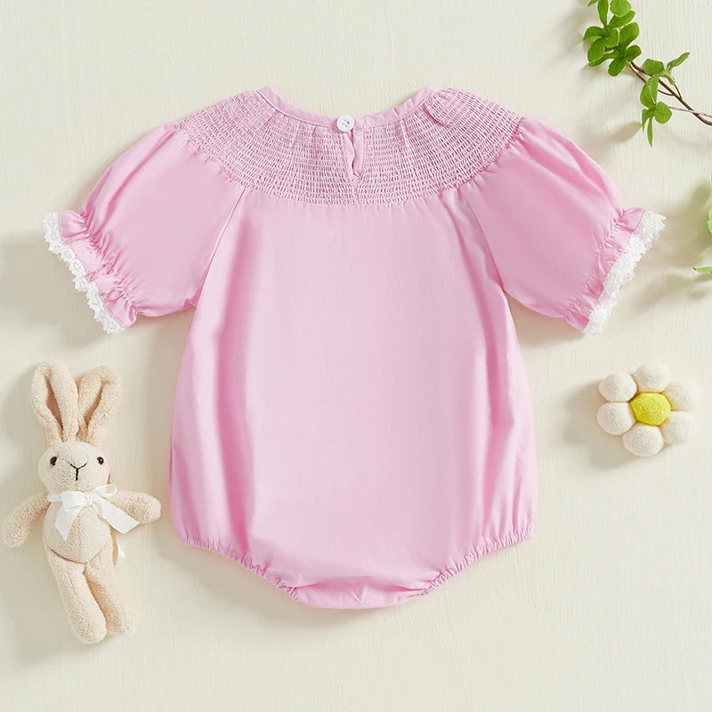 Baby Girl Outfit Cute Rabbit Embroidery Smocked Bubble Romper Retro Plaid Bodysuit Toddler Fall Puff Jumpsuit