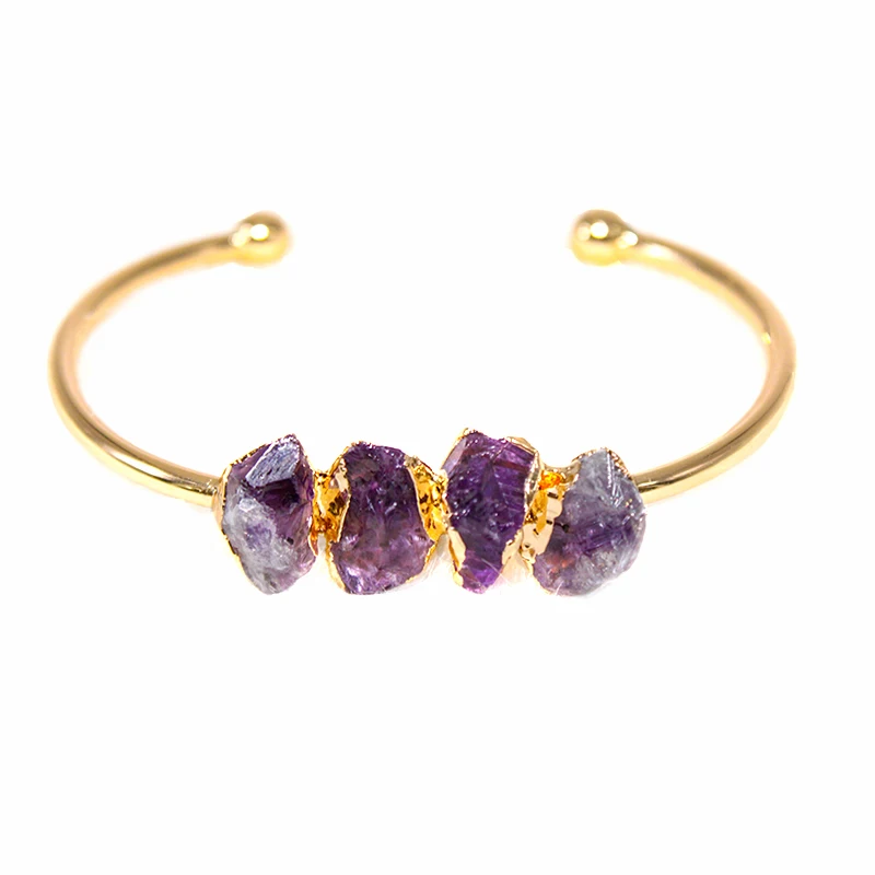 Irregular Amethyst Open Cuff Bracelet for Women Girls Gold Color Handmade Purple Crystal Stone Bangle