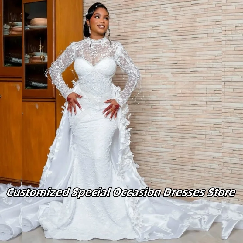 

African Exquisite Lace Applique Wedding Dress With Detachable Tail Luxury Flower Applique Bride Gown Vestido De Novia Customized