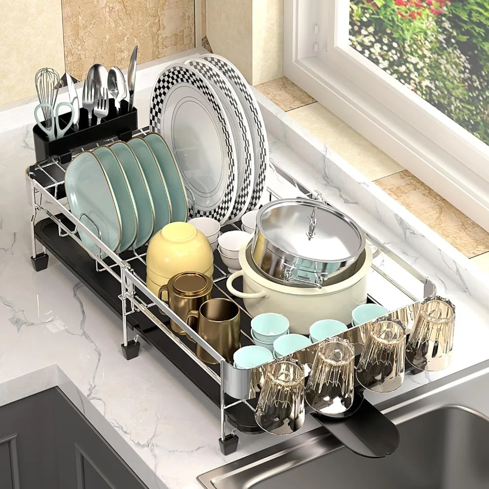 Dish Drying Rack, Dish Rack with Drainboard, Kitchen Dish Drying Rack with Rotatable Swivel Spout and Utensil Holder, Stainless