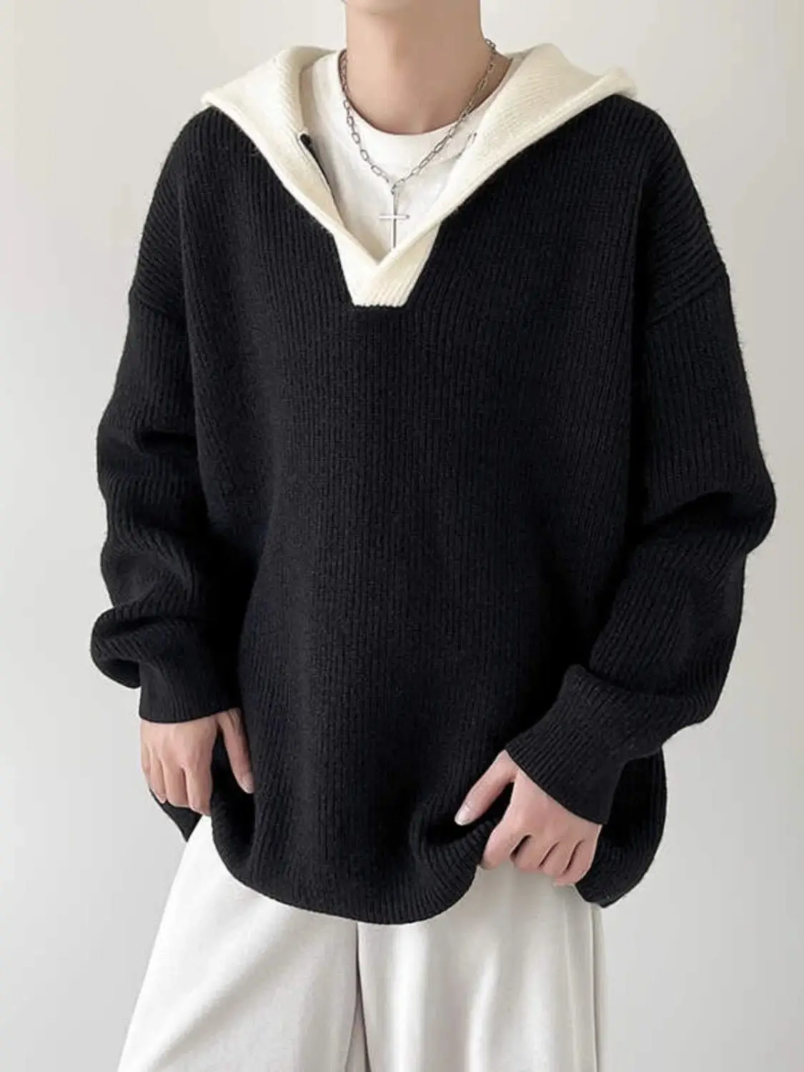 

Korean Contrasting Color Fake Two-Piece Hooded Sweater For Men Women In Autumn Winter Thick Pullover Couple Knitted Sweater