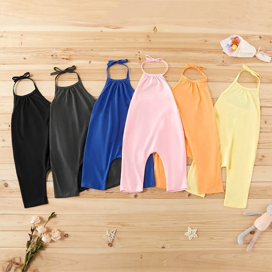 2023 Baby Pants Kids Backless Straps Clothes Girls Lace Up Jumpsuit Children Summer Harem Overalls Candy Color Fashion Trousers