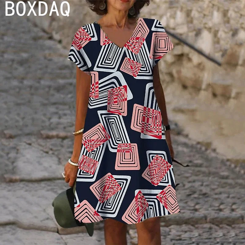 Vintage Woman Elegant Loose A-Line Dress Women Summer Short Sleeves V-Neck Casual Dress 3D Geometry Plaid Printed Dress Vestidos