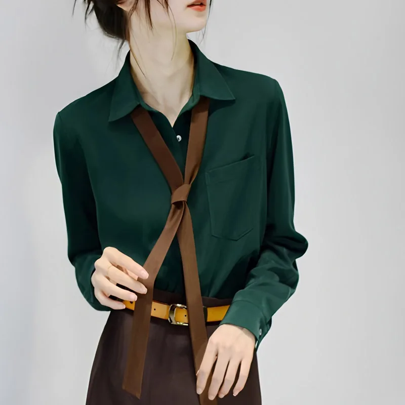 

Атласная рубашка с длинным рукавом и галстуком для женщин, свободные женские топы на пуговицах в корейском стиле, минималистичные женские блузки оверсайз, новинка 2025 г.