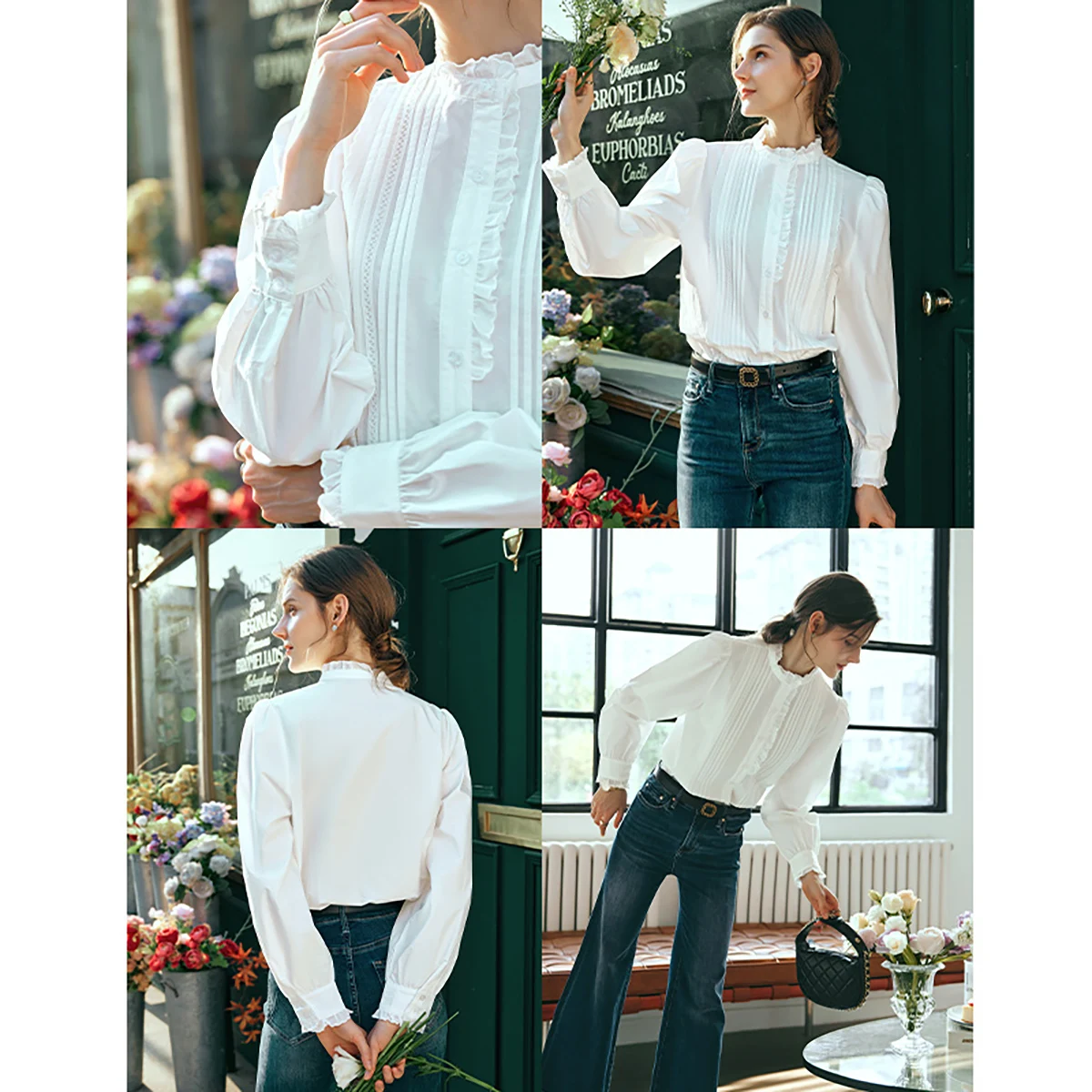 

OLrain Elegant French Shirt Women's Autumn 2025 New Fungus Edge Stand-Collar Blouse Long Puff Sleeve Female Tops O24CC89012