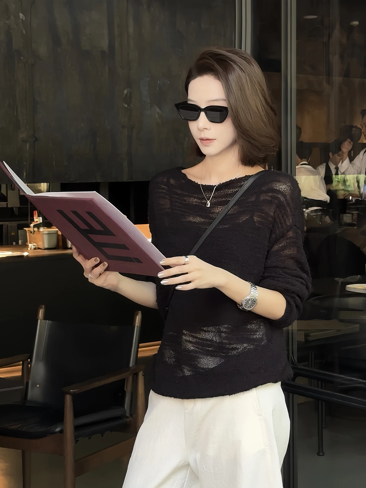 

Новая свободная вязаная кофта Zhou Lazy Spring Autumn из чистого хлопка, полупрозрачная, с эффектом «черный лебедь», повседневная, длинная