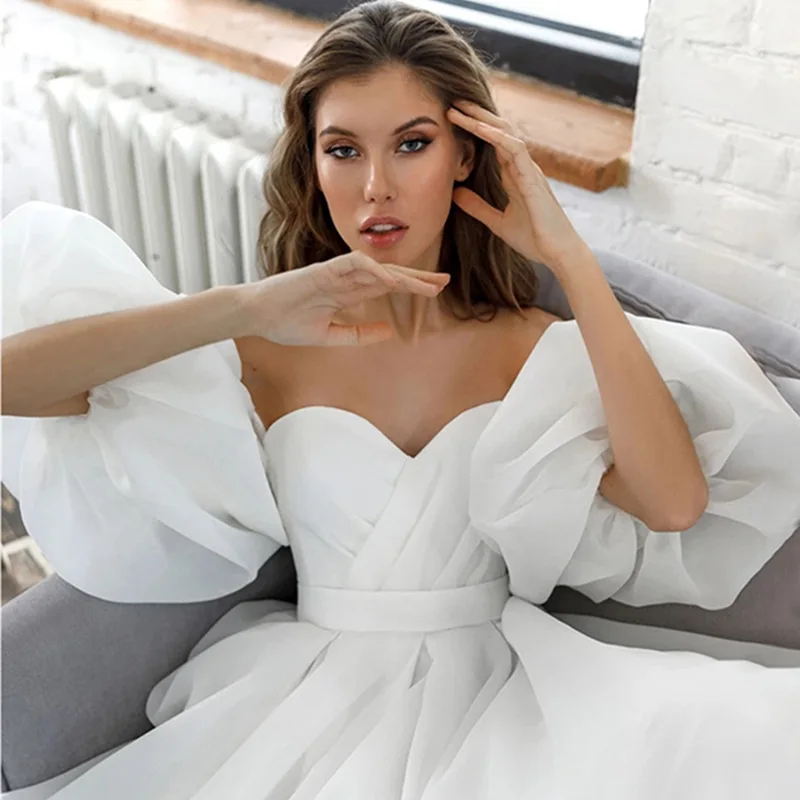 CloverBridal Noble Simple Removable Puffy Sleeves A-line Floor length Bride Dress White Organza Vestido De Novias 2024 WW8231