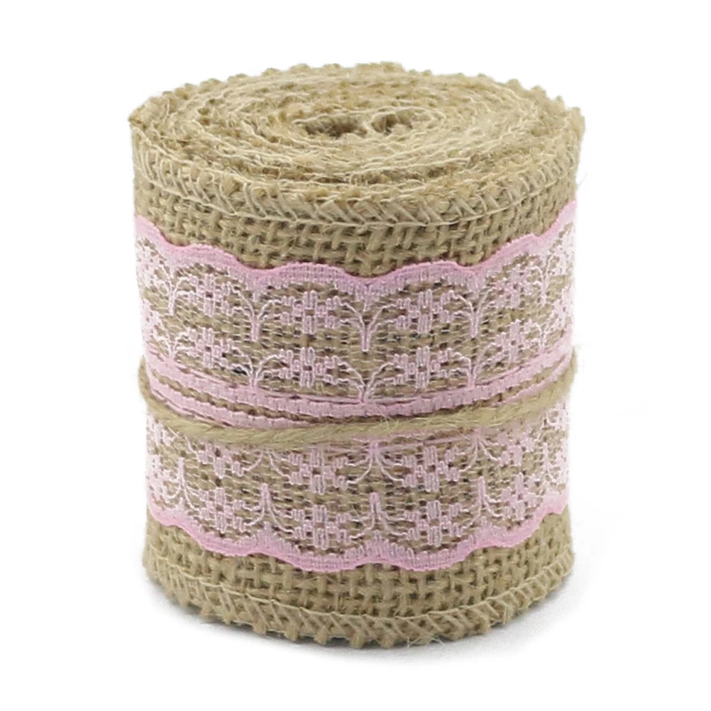 

4 Pcs Rustic Wedding Decor Christmas Craft Burlap Rolls Ribbon Lace Pink Hessian