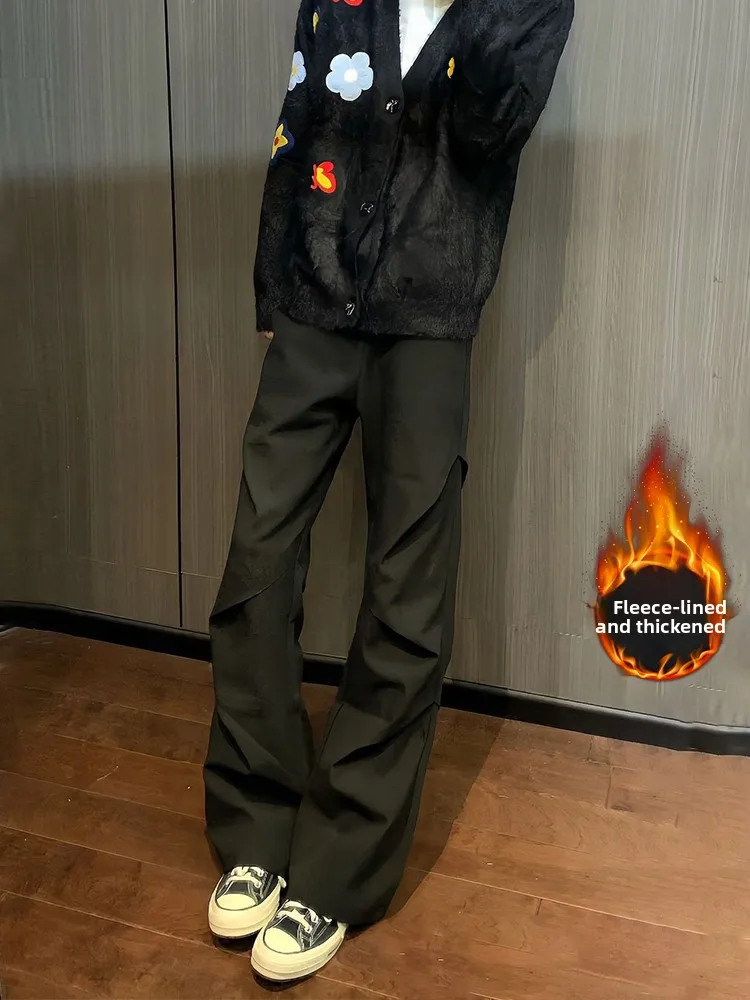 

Мужские брюки Cleanfit с широкими штанинами на флисовой подкладке, повседневные прямые брюки, осенне-зимние, в стиле High Street, американские драпированные брюки