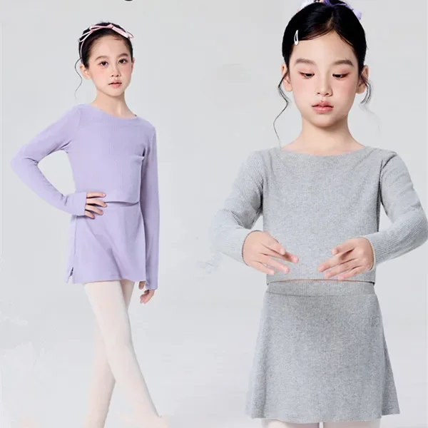 Girls Ballet Dance Sweater Set Pit stripes Long-Sleeve Top Side-slit short culottes Outfits Dancewear for Kids