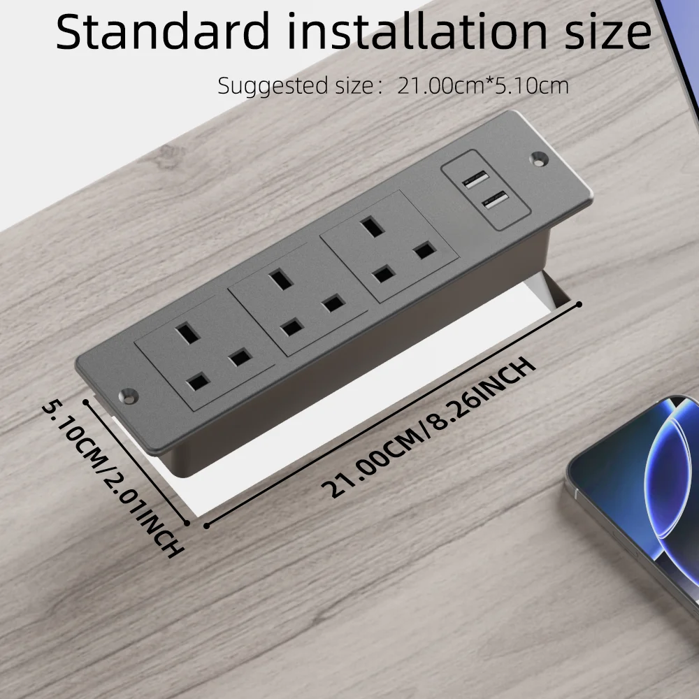 Recessed Power Strip with 3 AC Outlets and 2 USB-A (5V 2.1A) 1.5m Extension Lead Flush Mount Desktop Socket for Bedroom