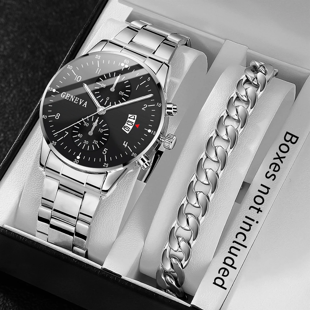 2pcs fashionable round dial men's business quartz watch with bracelet set suitable for daily wear and holiday gifts