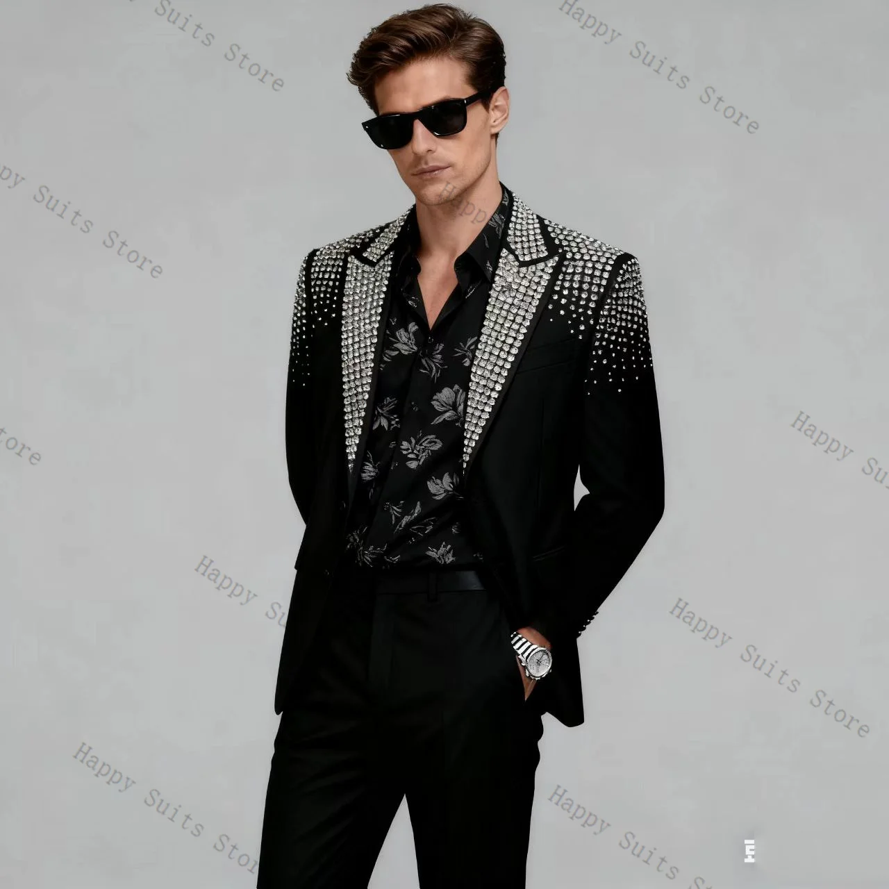 

Black Crystals Men Suit Set 2 Pcs Groom Blazer+Cotton Pants Trousers Formal Office Coat Wedding Tuxedo Customized Jacket Outfit