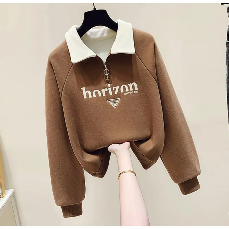 Women's Autumn and Winter Fashion Simplicity Printing Polo Collar Long Sleeve Sweatshirts Women Clothes Casual Loose Tops