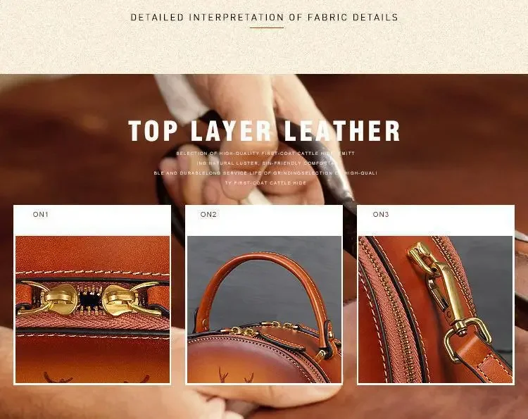 Deer embossed leather handbag first layer cowhide retro slung Women's bag luxury bag woman