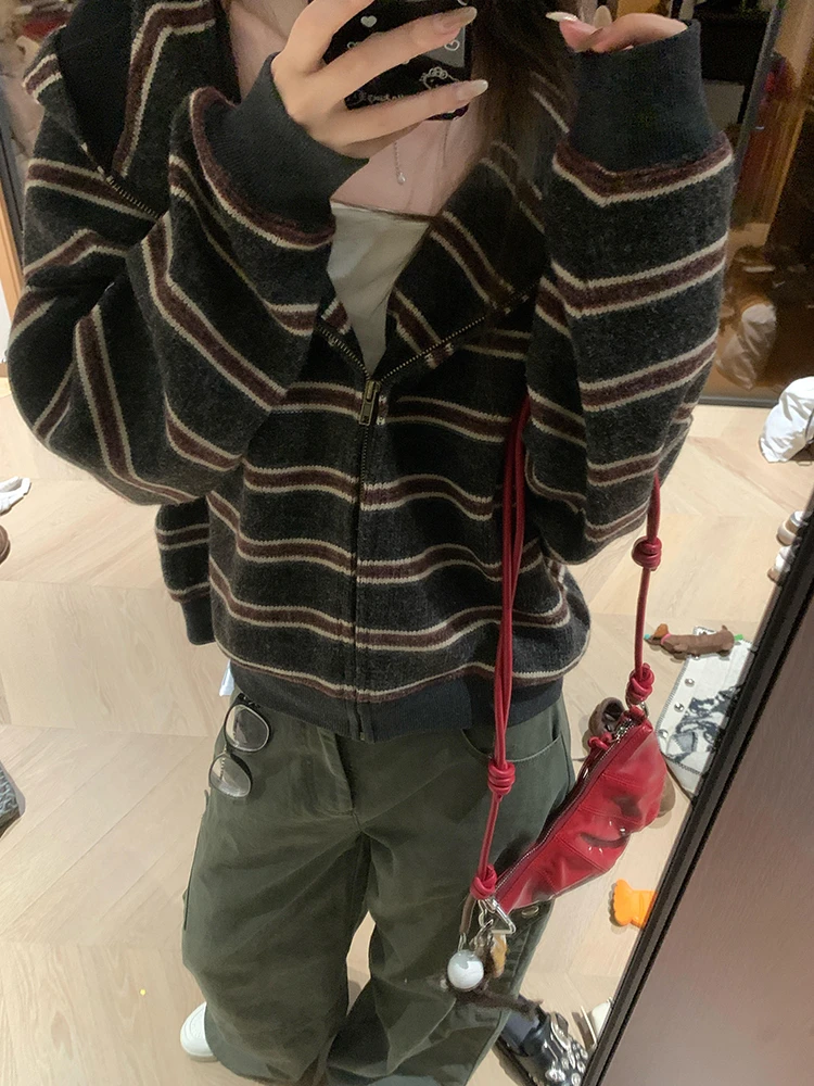 Felpa con cappuccio a righe americane retrò con cerniera maglione lavorato a maglia da donna cappotto design autunnale cardigan aperto unico top lungo Sve