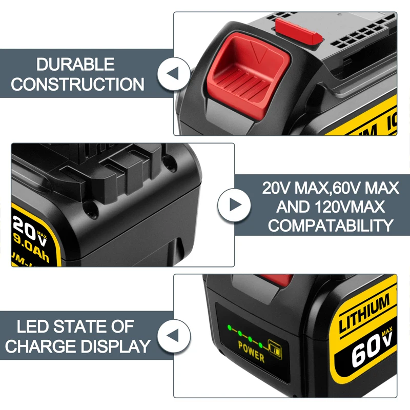 Batteria 9.0Ah DCB609 20V 60V compatibile con Dewalt Sostituzione per batteria 20V/60V DCB606 DCB612 DCB200 DCB206 DCB203 DCB205