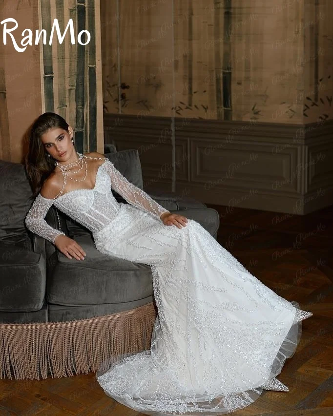 Ranmo 2025 مخصص لامعة الدانتيل الخامس الرقبة قبالة الكتف اللؤلؤ حورية البحر فستان الزفاف للنساء سستة الظهر ذيل محكمة فستان زفاف
