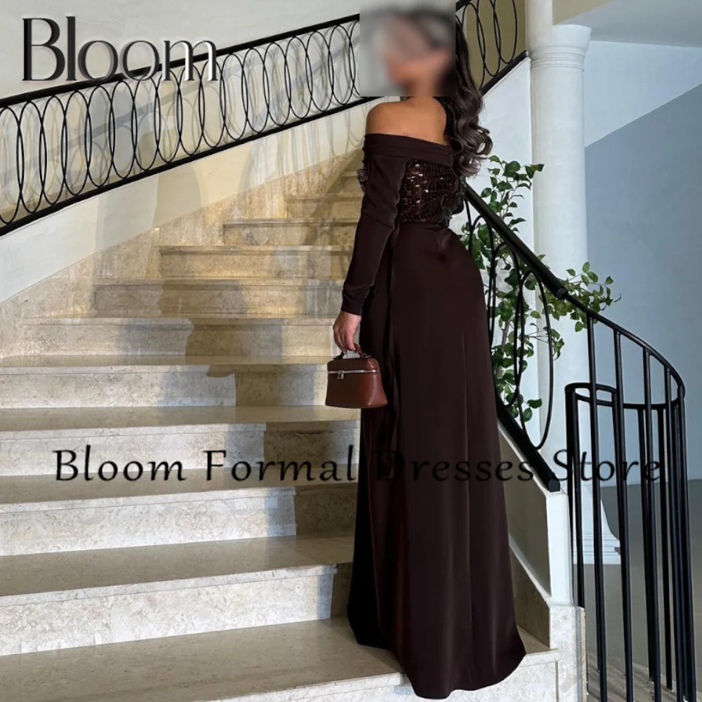 Bloom Off the Shoulder Jersey Long Sleeves Zipper Back Sequined Boat Neck Solid Color Sweep Train Elegant Party Evening Dresses