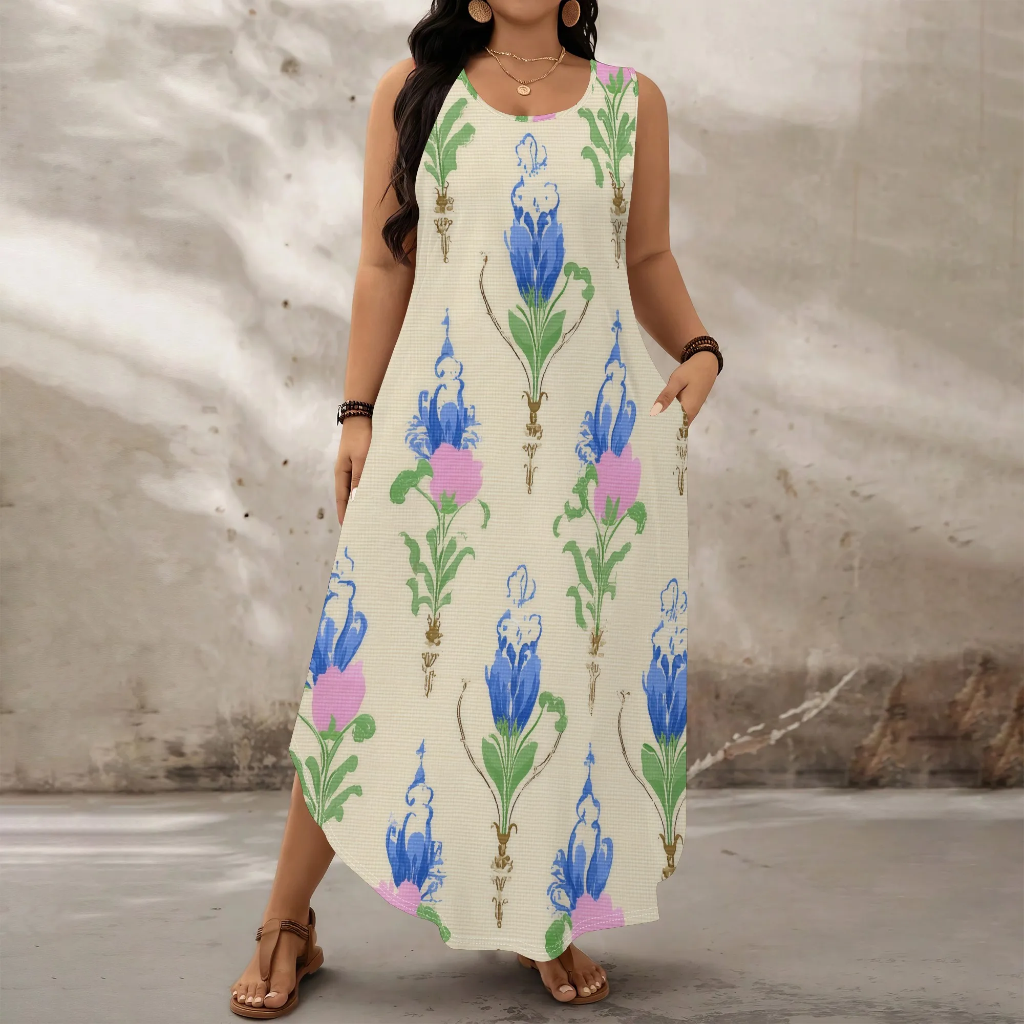 

Women's Plus Size Floral Maxi Dress, Sleeveless Loose-Fit Casual Long Dress with Pockets for Summer Holiday XL-6XL