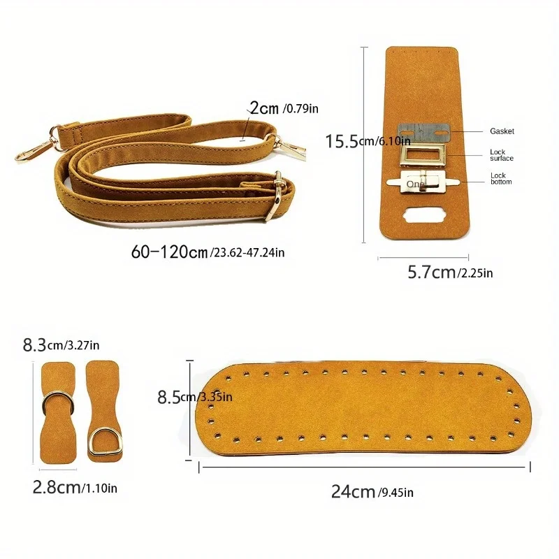 Hand-knitted bag accessory set: Faux Leather material, hook, bottom, shoulder strap, hardware