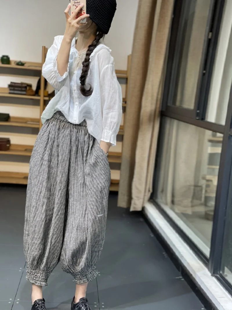 Retro Japanische Sle Bla Weiß Plaid Baumwolle Leinen Laterne Hosen Lose Elastische Taille Vielseitig Harajuku Sle plus Größe Frauen...