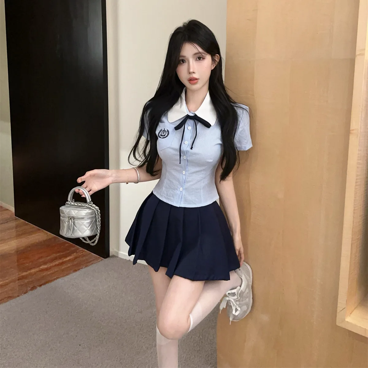 High Waist Plaid Skirt Set Spicy Girl JK Collar Shirt Top Short Skirt Small Size Two Piece Set College Style Work Uniform