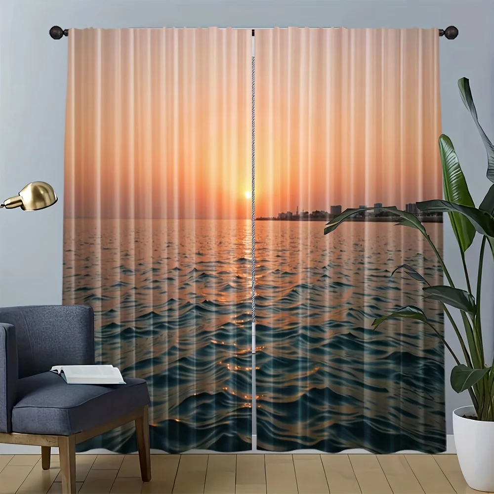 Sunset seashore pattern printed curtains, pole-mounted installation. Suitable for living rooms, bedrooms dining rooms and hotels